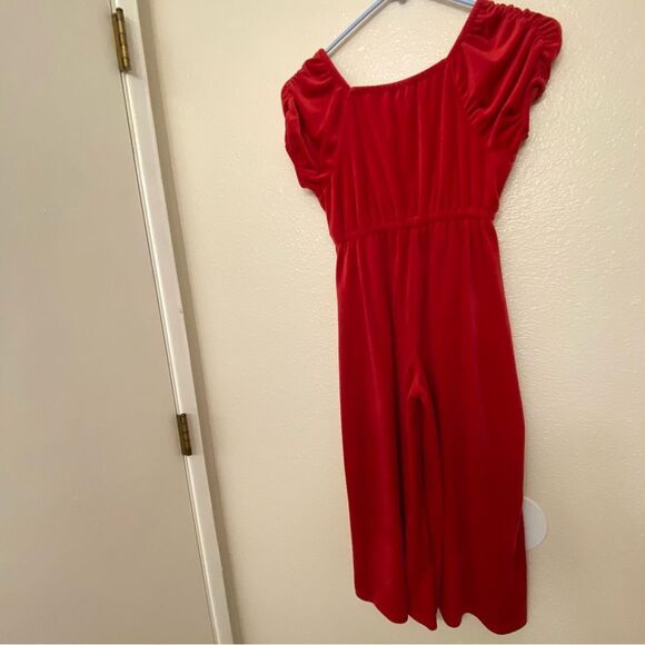 Soft red stretch velvet rhinestone winter fall Christmas Jumpsuit wide leg 10-12 - Picture 5 of 13